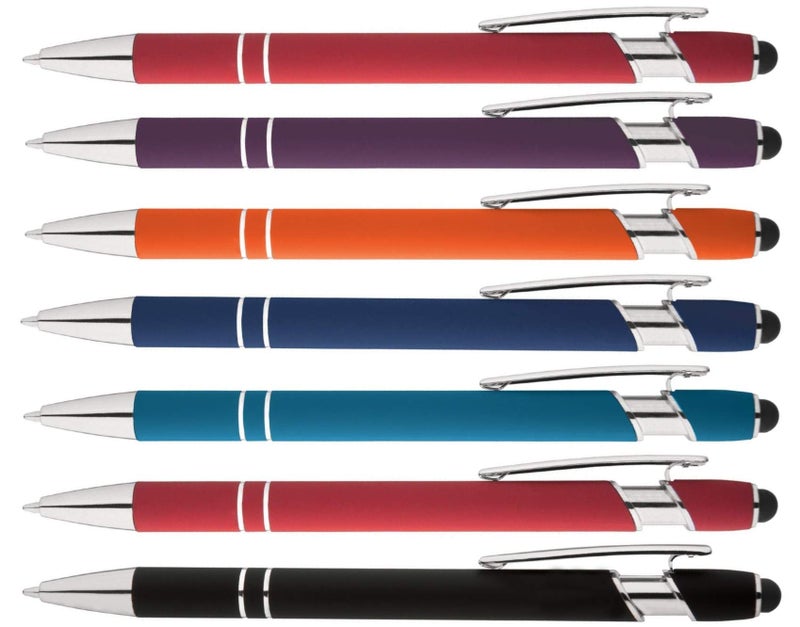 Express Pencils Rainbow Rubberized Soft Touch Ballpoint Pen with Stylus Tip a stylish, premium metal pen, black ink, medium point. Box of 7 (ASSORTMENT) - Image 1